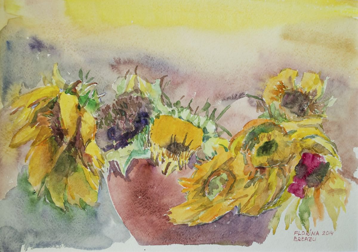 Expressive Botanical Watercolour By Florina Breazu, 22 X 17, Sunflower, Original Artwork