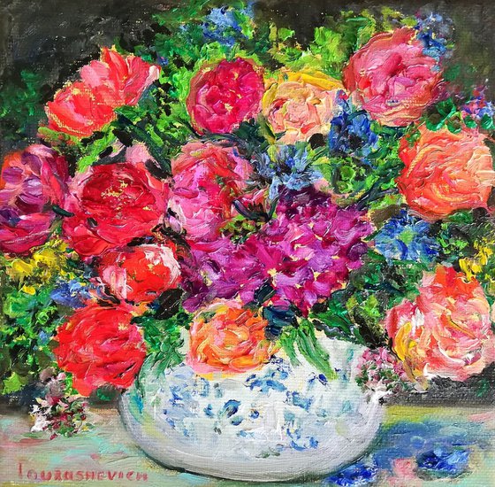 Colorful Floral Bouquet on black background / Small Oil Painting 8x8in (20x20cm)