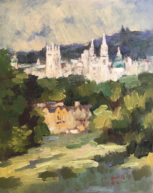 Original Oil Painting Wall Art Artwork Signed Hand Made Jixiang Dong Canvas 20cm × 25cm A Glance in South Park Oxford small building Impressionism by Jixiang Dong