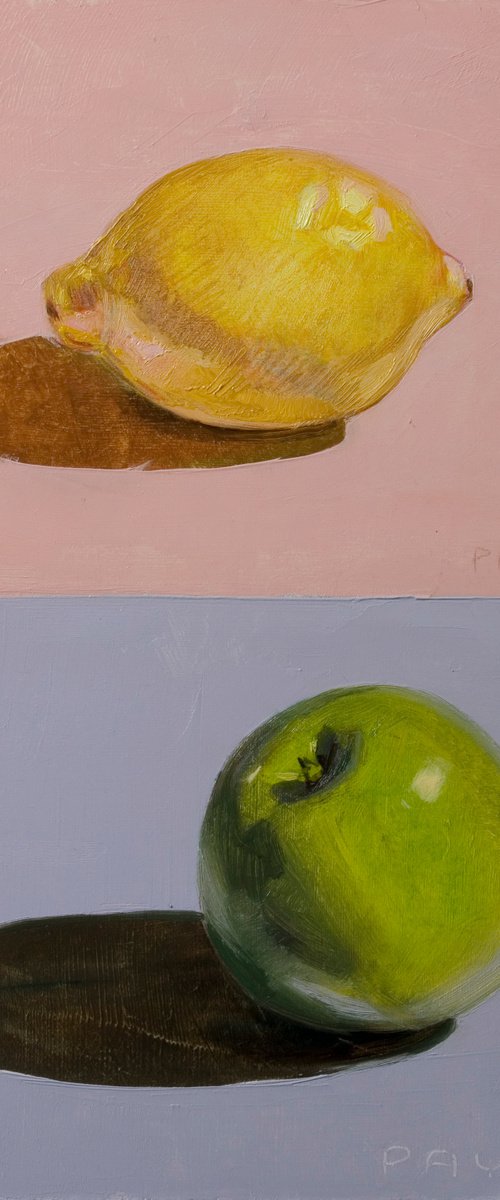 lemon and apple on blue pink by Olivier Payeur