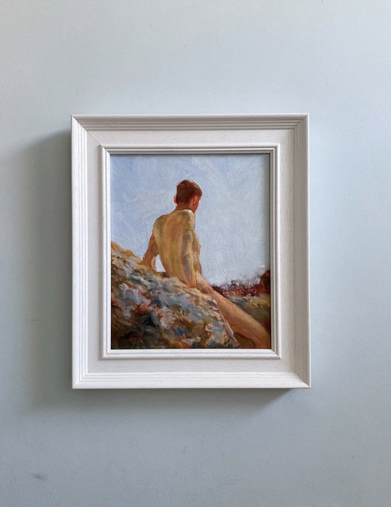 Impressionist style Male nude figure oil painting, with wooden frame.