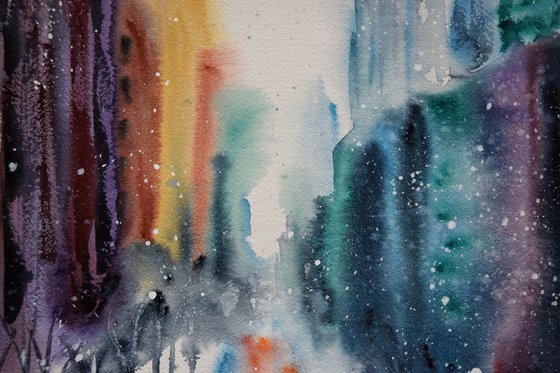 Snowy New York watercolor painting, original abstract cityscape, winter Manhattan