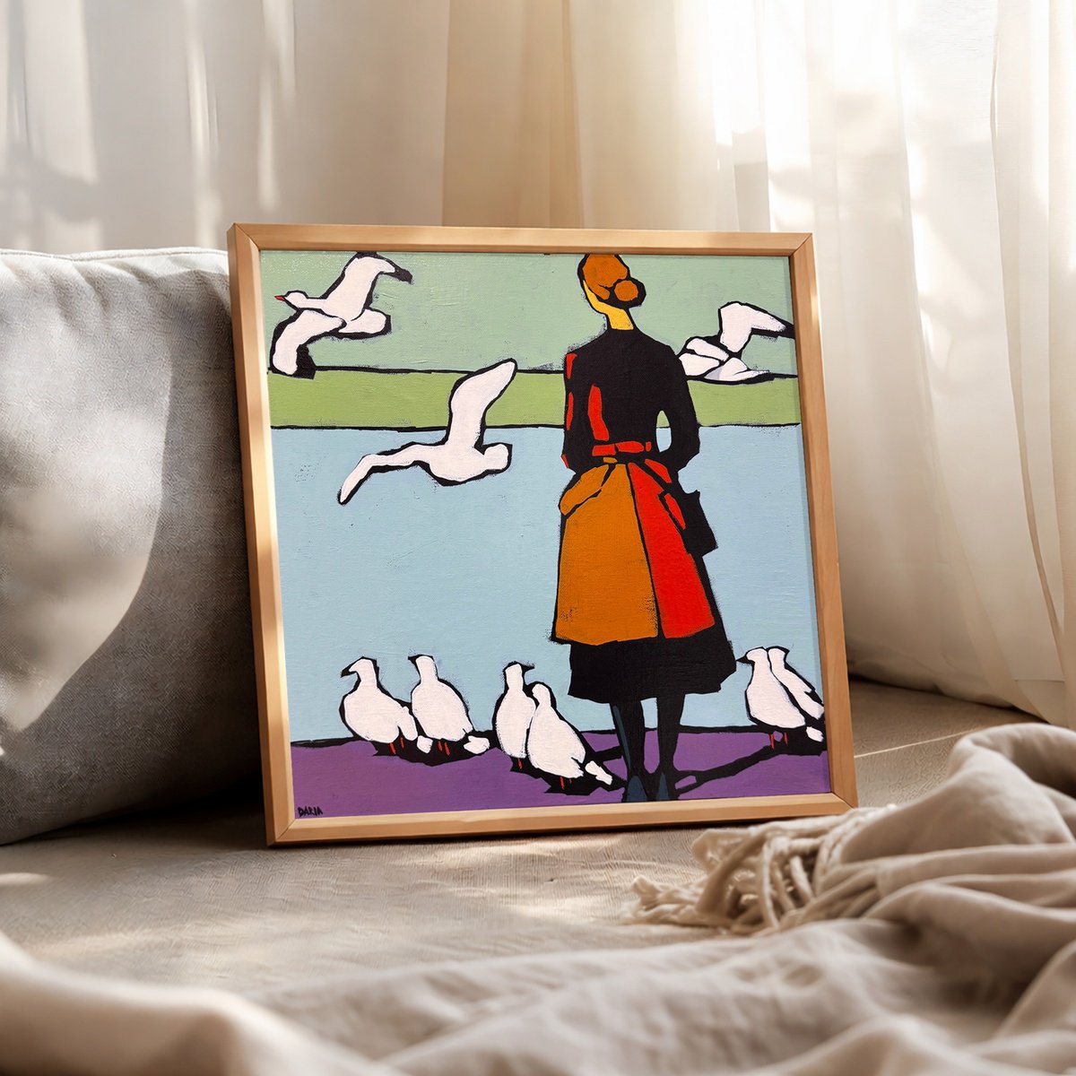 Naive Acrylic Painting , Woman And Seagulls 12X12In By Daria Baklykova, 12 X 12, Artwork For Sale On Artfinder
