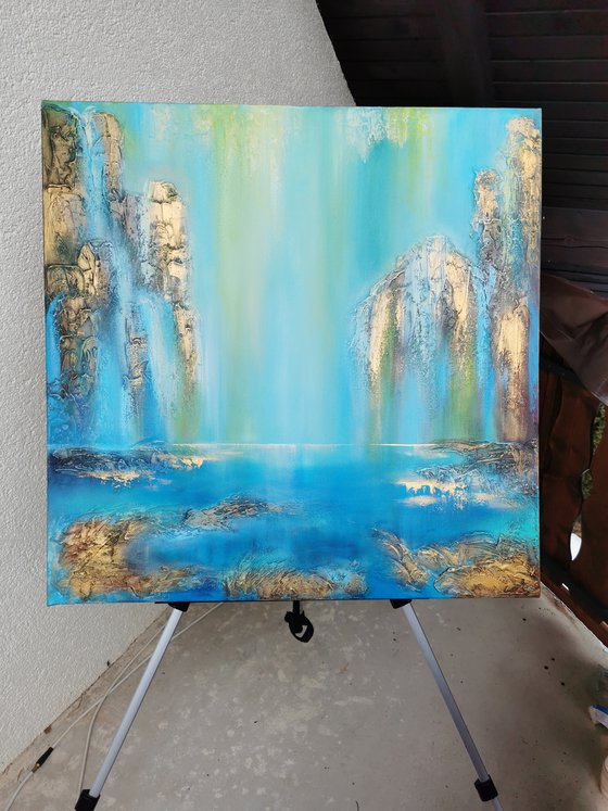 A large modern structured semi-abstract mixed-media painting "Waterfall"