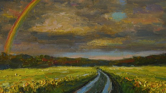 Rainbow Over The Wet Road - sunny summer landscape painting