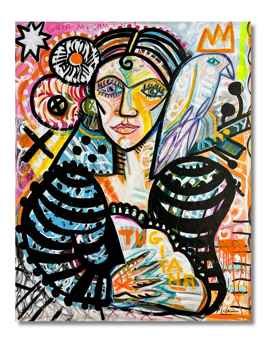 Urban And Pop Portrait Acrylic Painting By Mercedes Lagunas, 32 X 39", Gui?a Mi Camino, Original Artwork