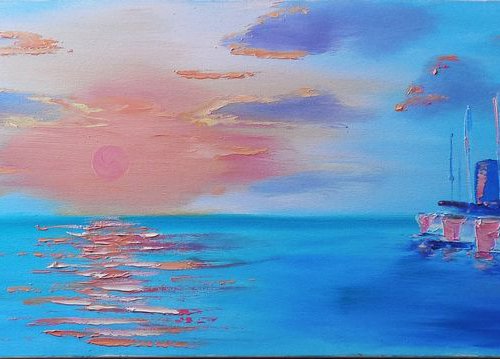 Sea Sunset with yachts and cityscape by Dmitry Fedorov