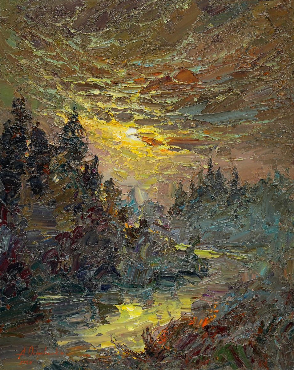Impressionistic Landscape Oil Painting By Alisa Onipchenko-Cherniakovska, 16 X 20, Mysterious Time, Original Artwork