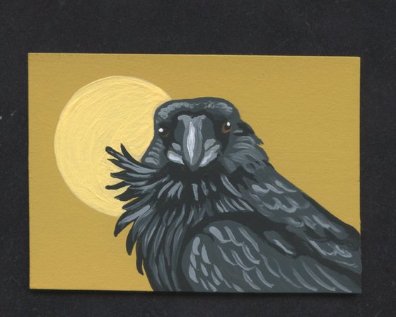 ACEO ATC Original Miniature Painting Crow Raven Bird Wildlife Art-Carla Smale