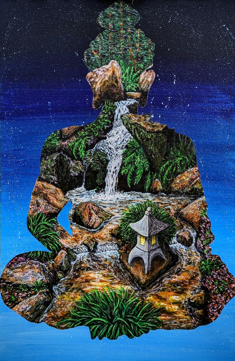 Impressionistic Landscape Acrylic Painting By Robbie Potter, 26 X 38", Buddha Silhouette 1, Original Artwork