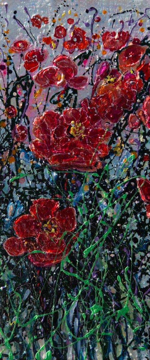 Scarlet Poppy Blooms, Abstract- Original Painting   by Olena Art by Lena Owens at OLena Art