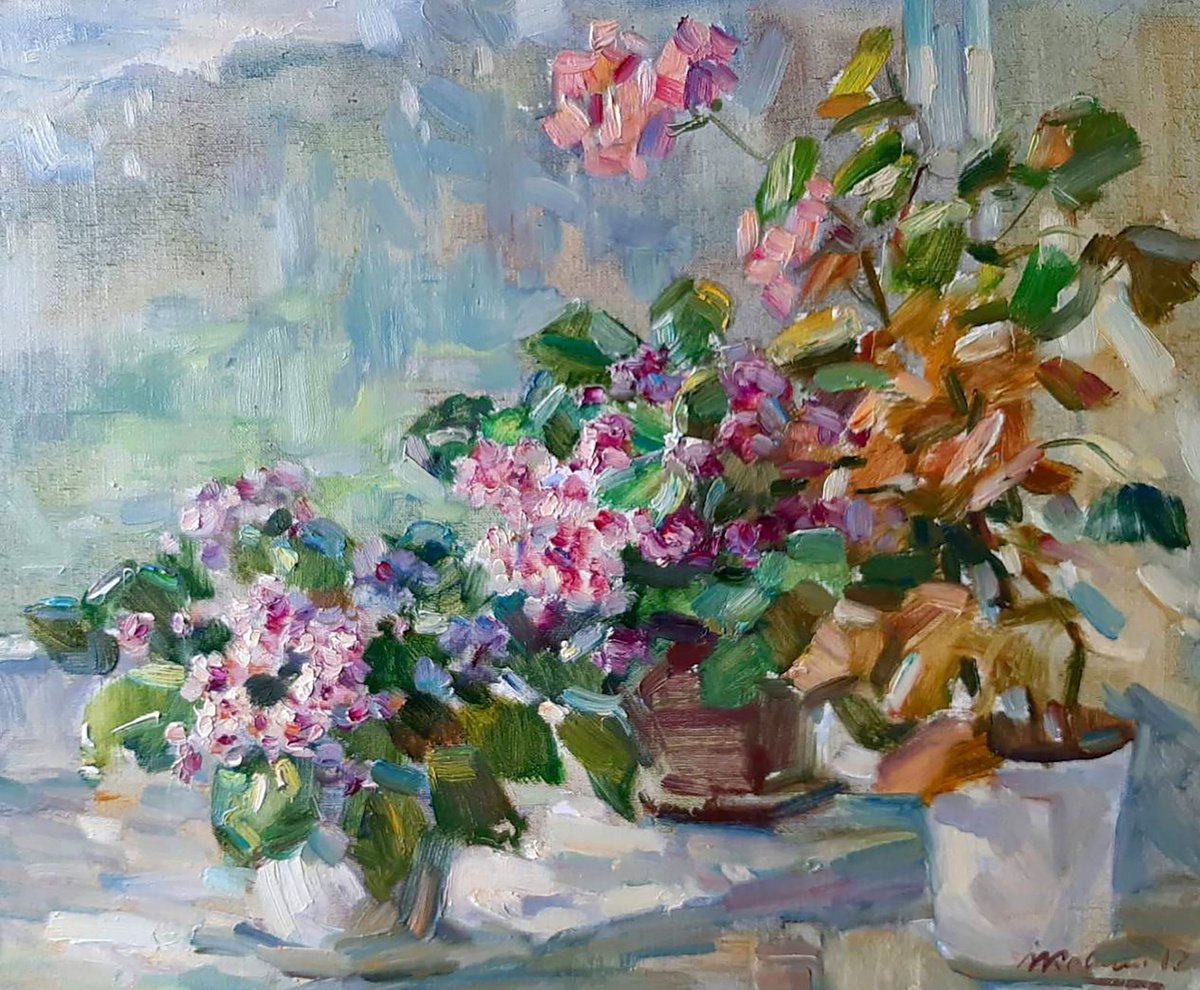 Impressionistic Botanical Oil Painting By Ivan Kovalenko, 20 X 16, Flowers On The Window, Original Artwork
