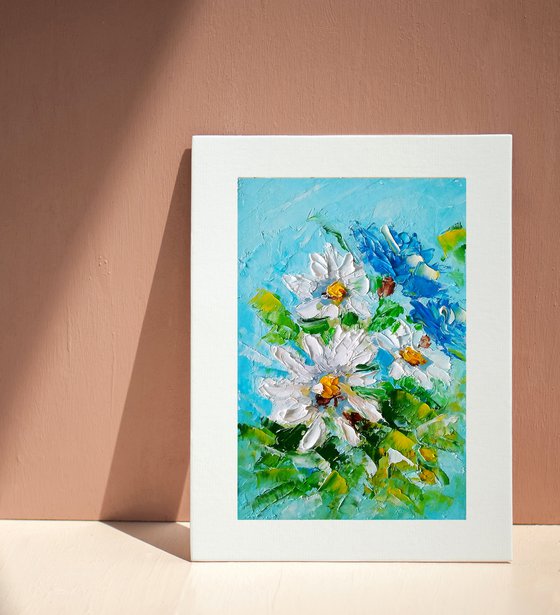 Daisy Painting Floral Original Art Small Flower Artwork Forget Me Not Wall Art