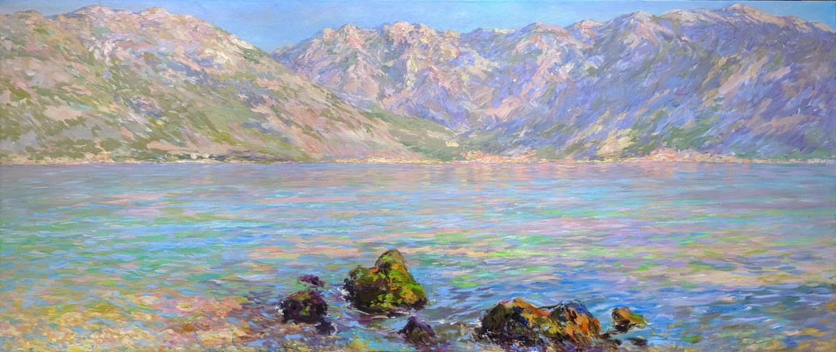 Impressionistic Landscape Oil Painting By Svitlana Koval, 47 X 20", Bay Of Kotor, Original Artwork