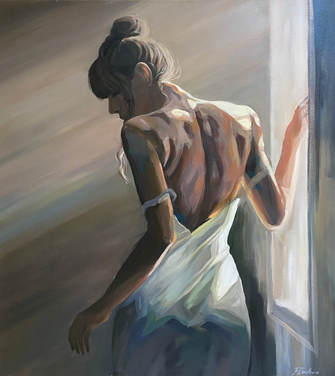 Impressionistic Portrait Acrylic Painting By Tatiana Filipowicz, 35 X 39", Moment Of Quiet Grace, Original Artwork