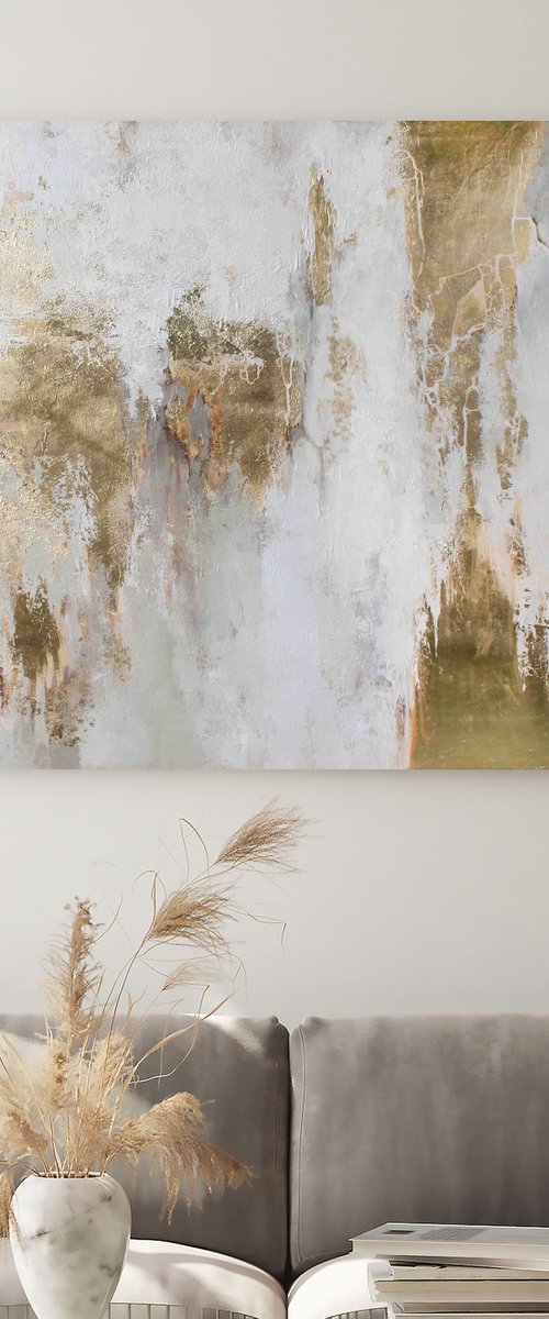 "Cascade 8" White and gold leaf abstract art by Yana Sagan