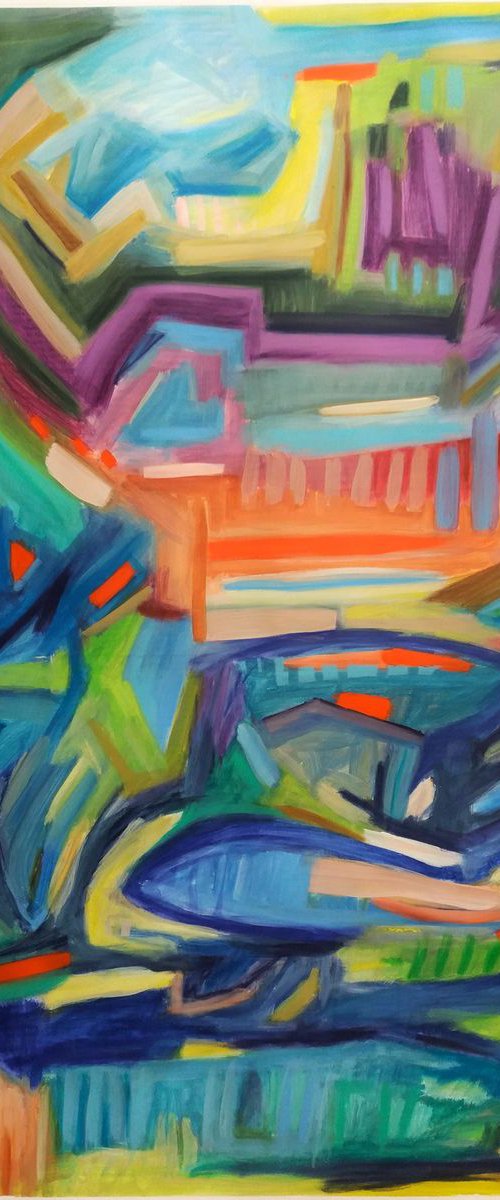 Abstract Landscape 43.3 H x29.1 W inches | Large &Colourful abstract | by Celine Baliguian