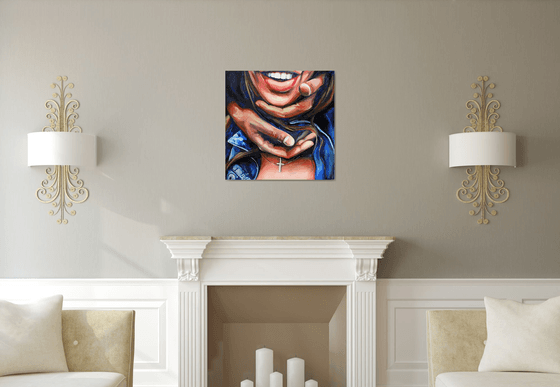 I WANT YOU TO SMILE - oil painting hands smile woman lips blue jeans home decor office decor pop art oil on canvas
