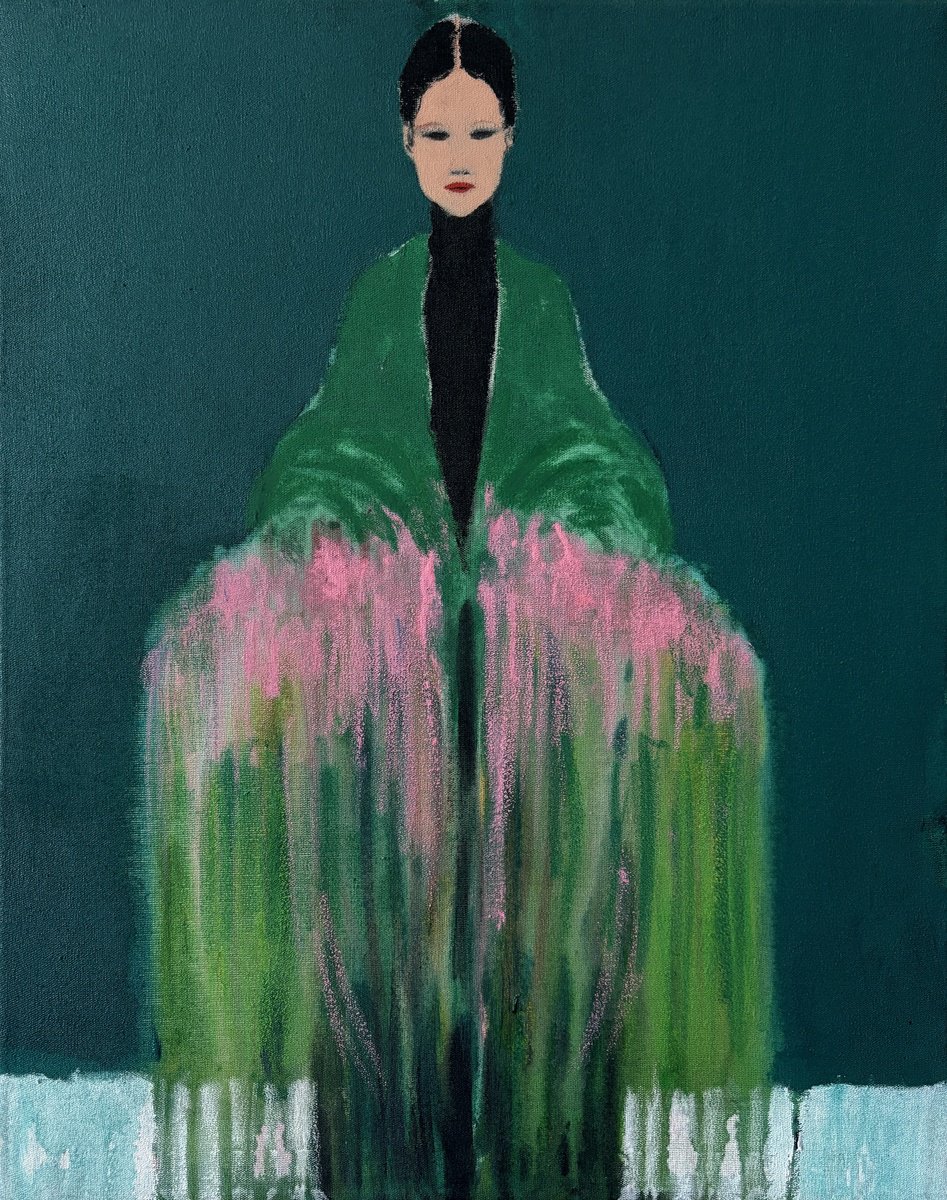 Abstract Portrait Acrylic Painting By Gela Mikava, 16 X 20, The Girl With Bouquet, Original Artwork