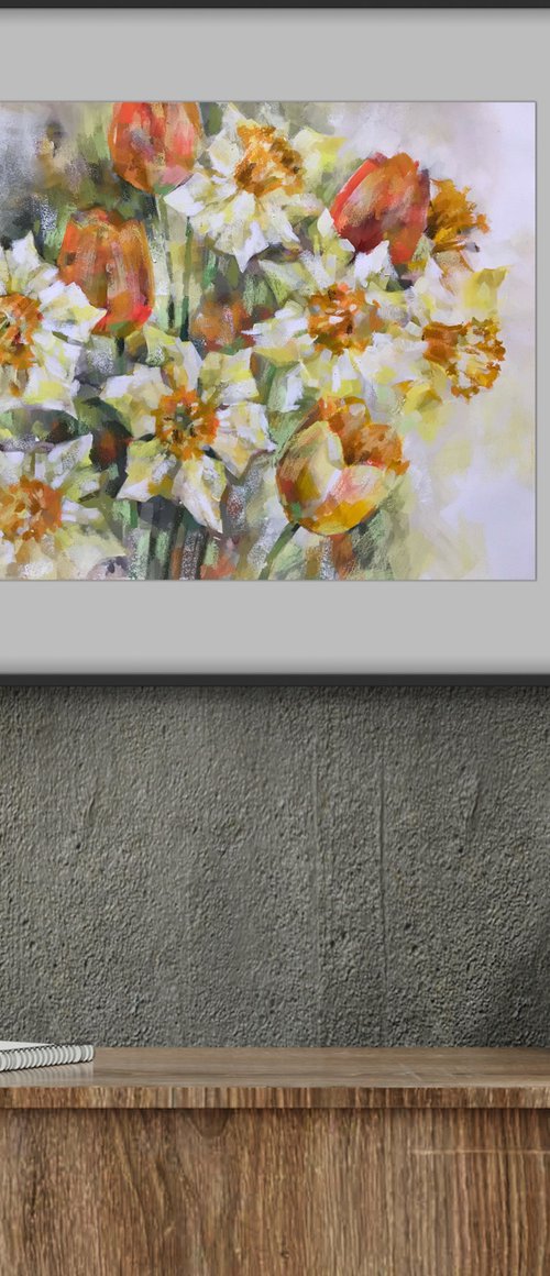 Spring daffodils 2. one of a kind, handmade artwork, original painting. by Galina Poloz