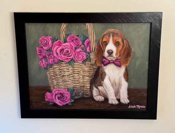 Beagle & Basket of Roses