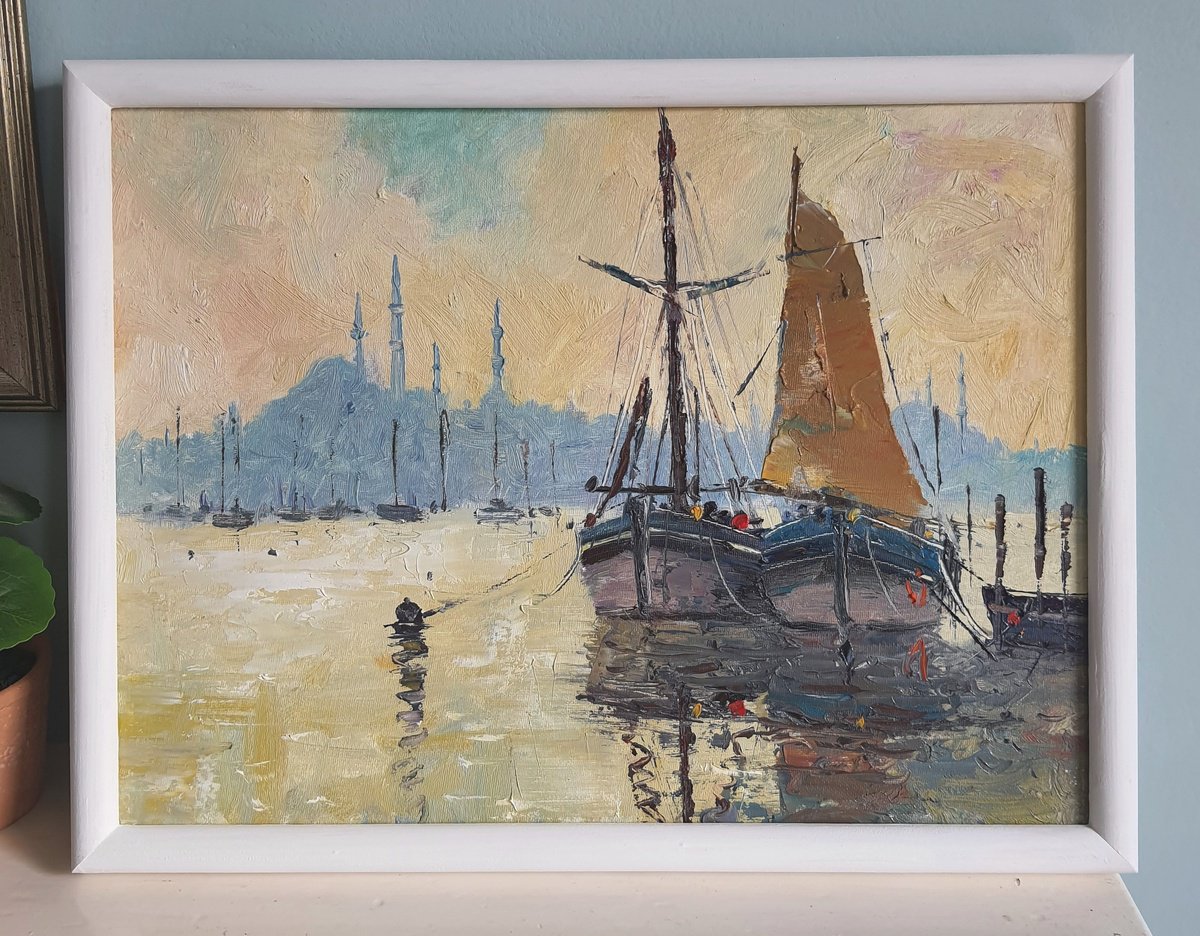 Impressionistic Landscape Oil Painting By Roberto Ponte, 17 X 13", Istanbul Harbour, Turkey, Original Artwork