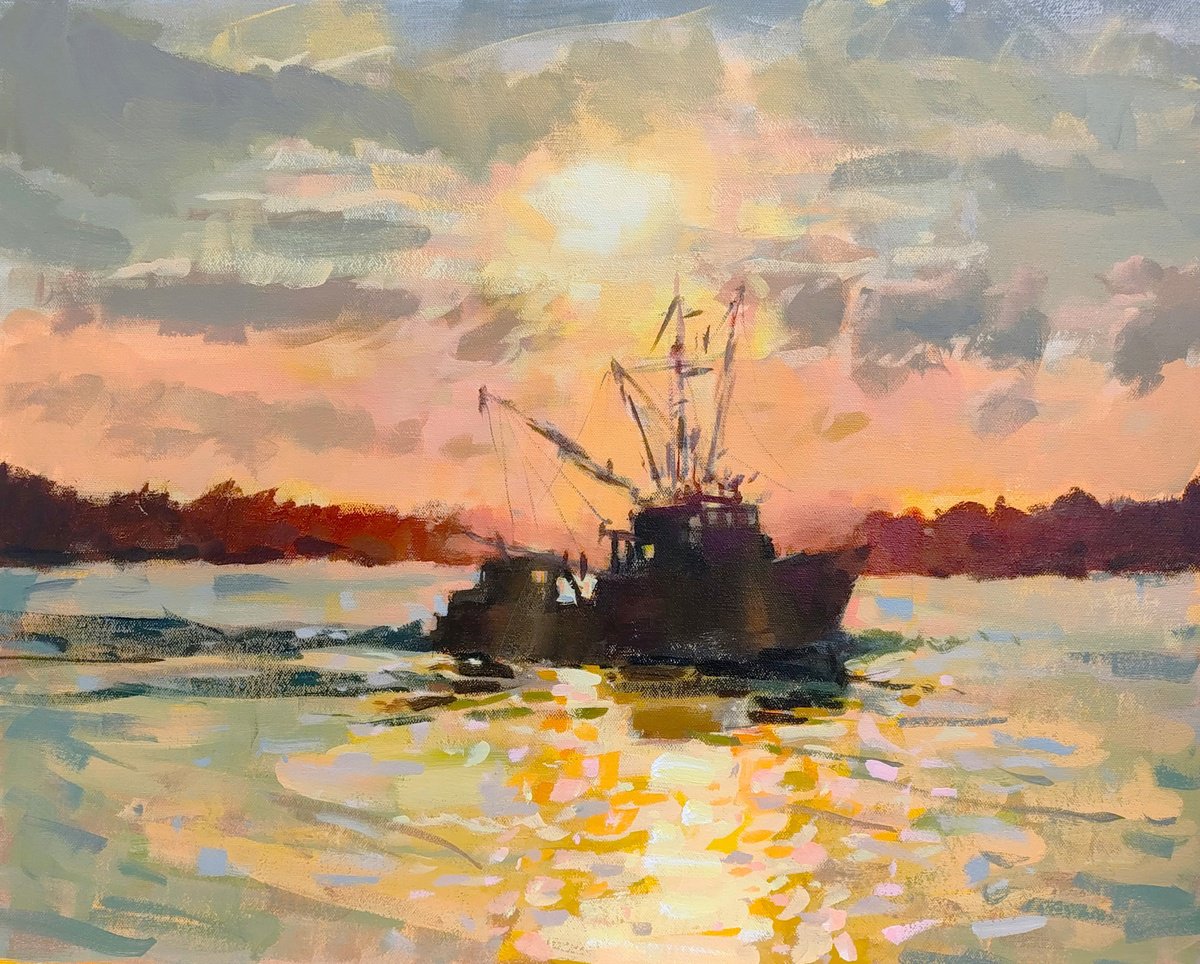 Impressionistic Landscape Acrylic Painting By Kristina Sellers, 20 X 16", Barnegat Sunset, Original Artwork