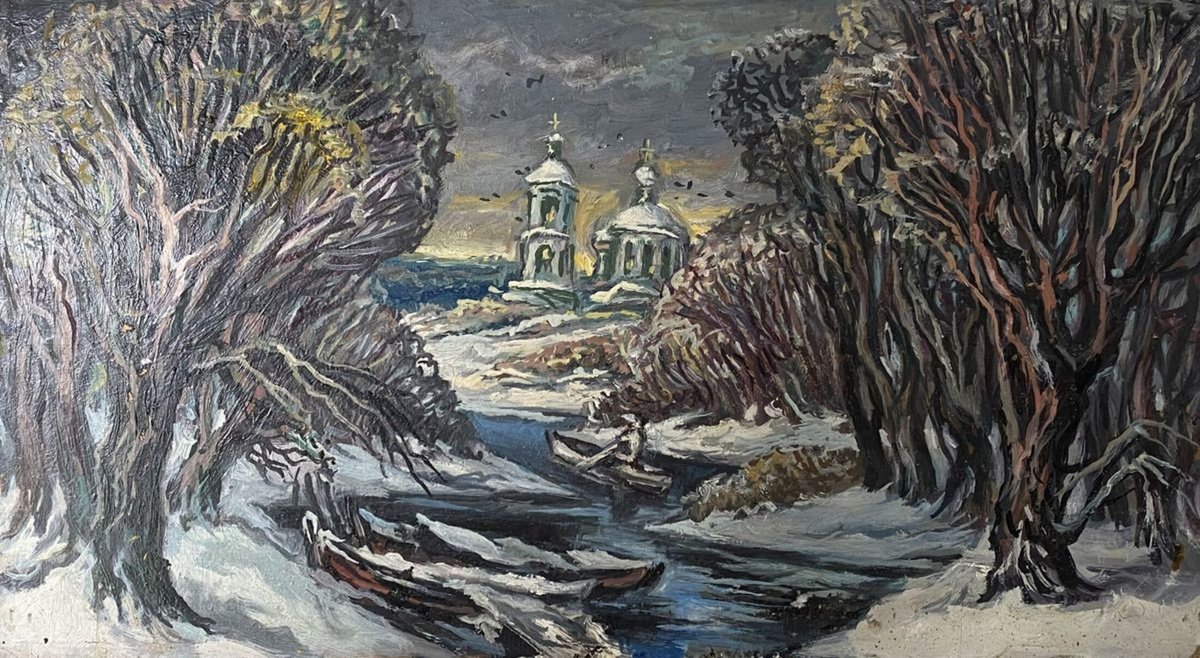 Impressionistic Landscape Oil Painting By Oleg And Alexander Litvinov, 14 X 7", March, Original Artwork