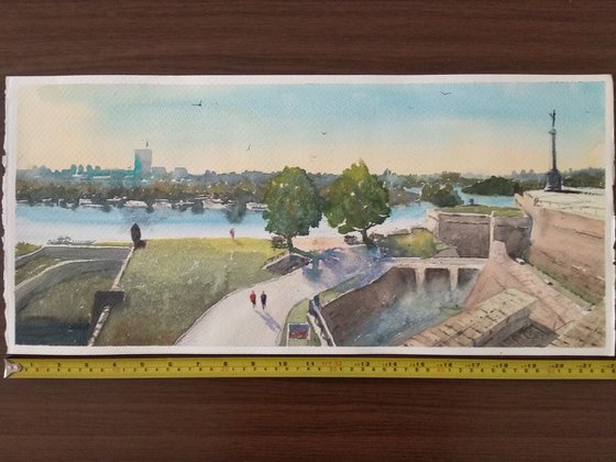 Kalemegdan Beograd panorama skyline - original watercolor art by Nenad Kojić