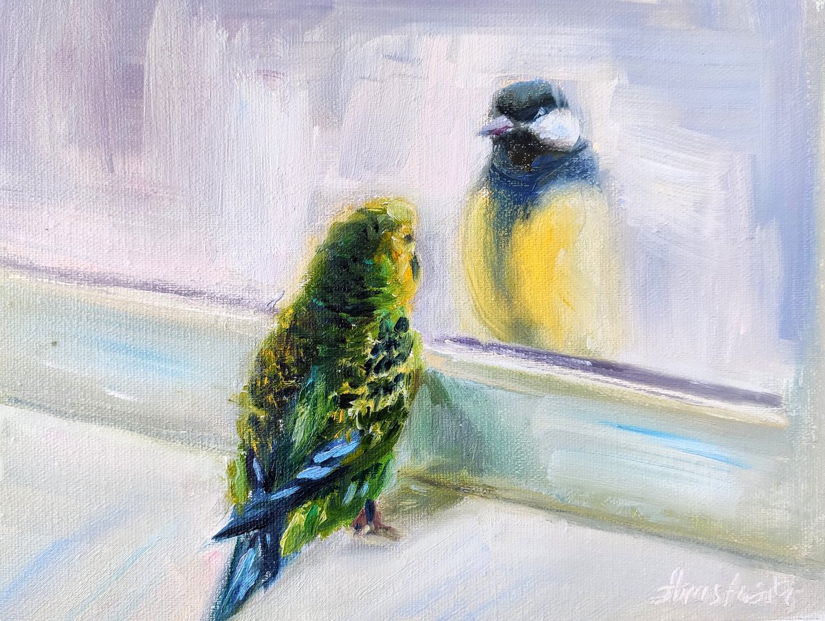 Birds Painting Winter Scene Chickadee and Green Parrot Freedom by Anastasia Art Line