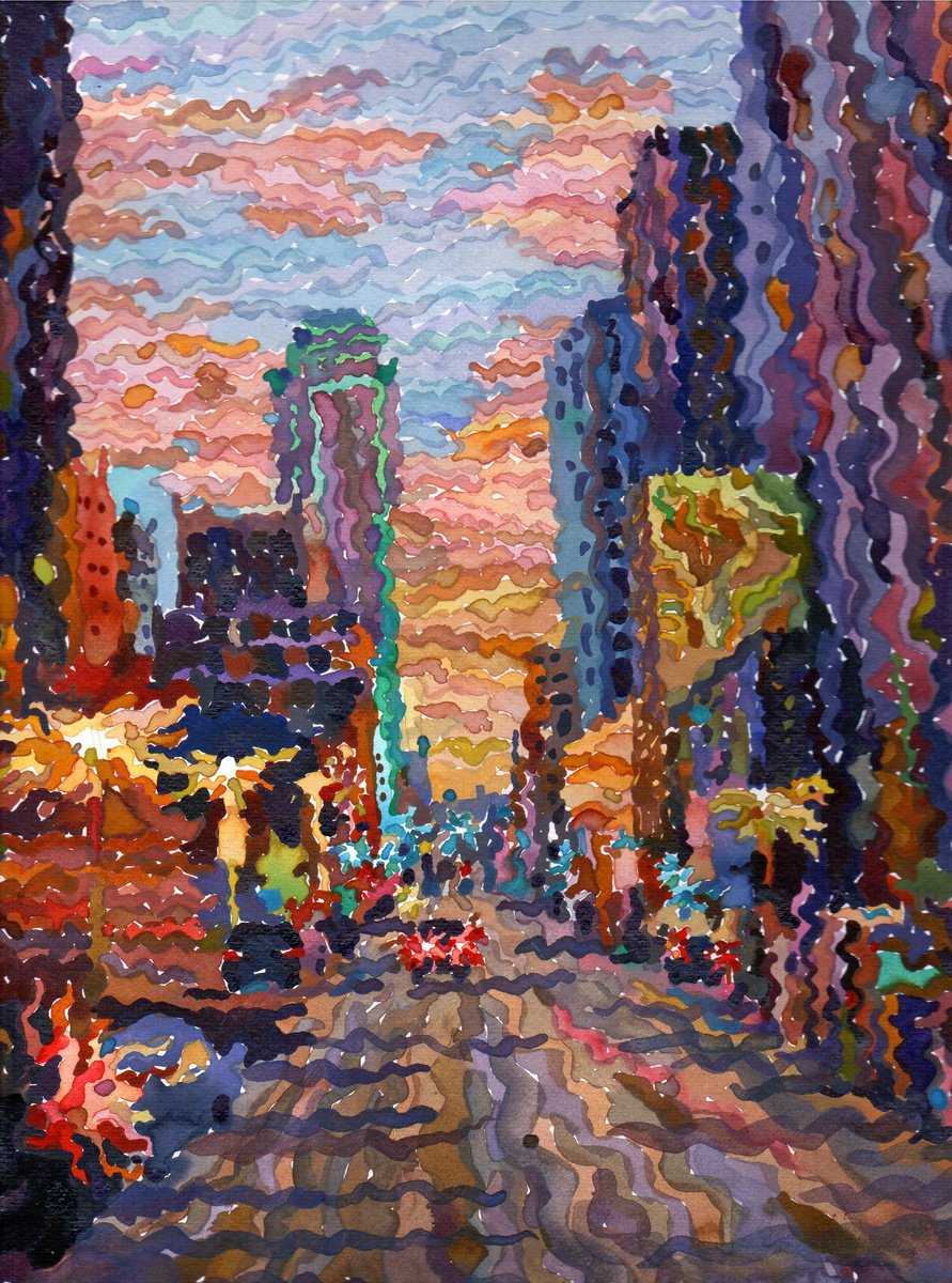 Impressionistic Cityscapes Watercolour By Tanbelia, 9 X 12", Green Skyscraper In Dallas, Original Artwork
