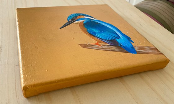 Kingfisher acrylic painting on gold background