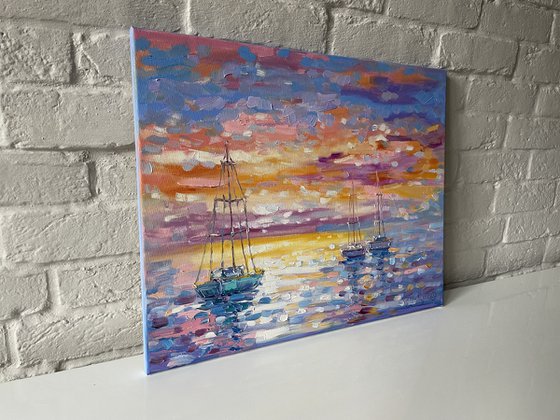 Ships at sea. Original oil painting