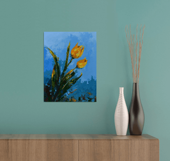 Yellow tulip flowers. Original oil painting for her. Flowers for gift