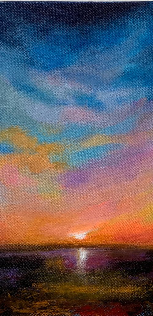 Sunset!  Ready to hang! Painting on hexagon canvas by Amita Dand
