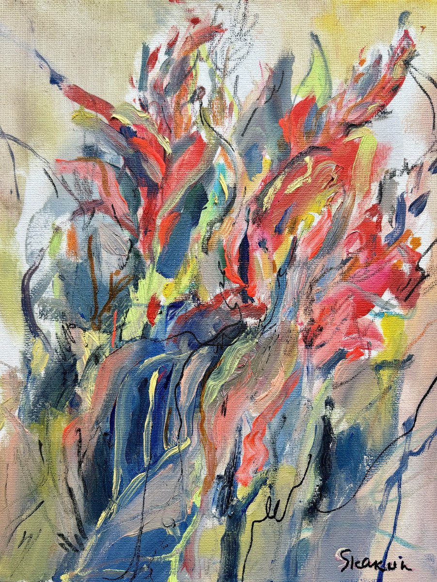 Expressive Abstract Oil Painting By Mari Skakun, 9 X 12", September Flowers, Original Artwork