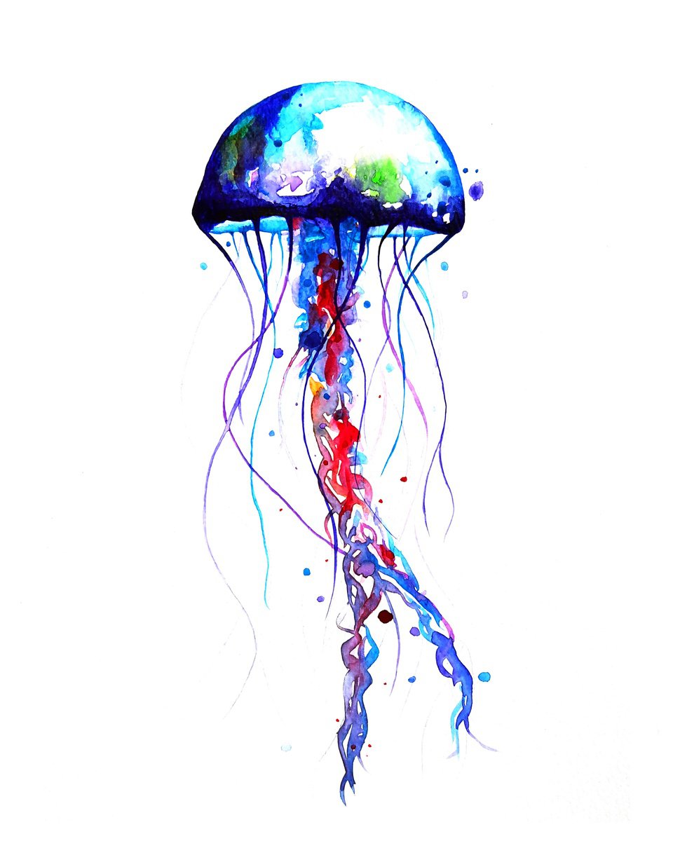 Illustrative Landscape Watercolour By Luba Ostroushko, 12 X 17", Jellyfish, Watercolor, Original Artwork