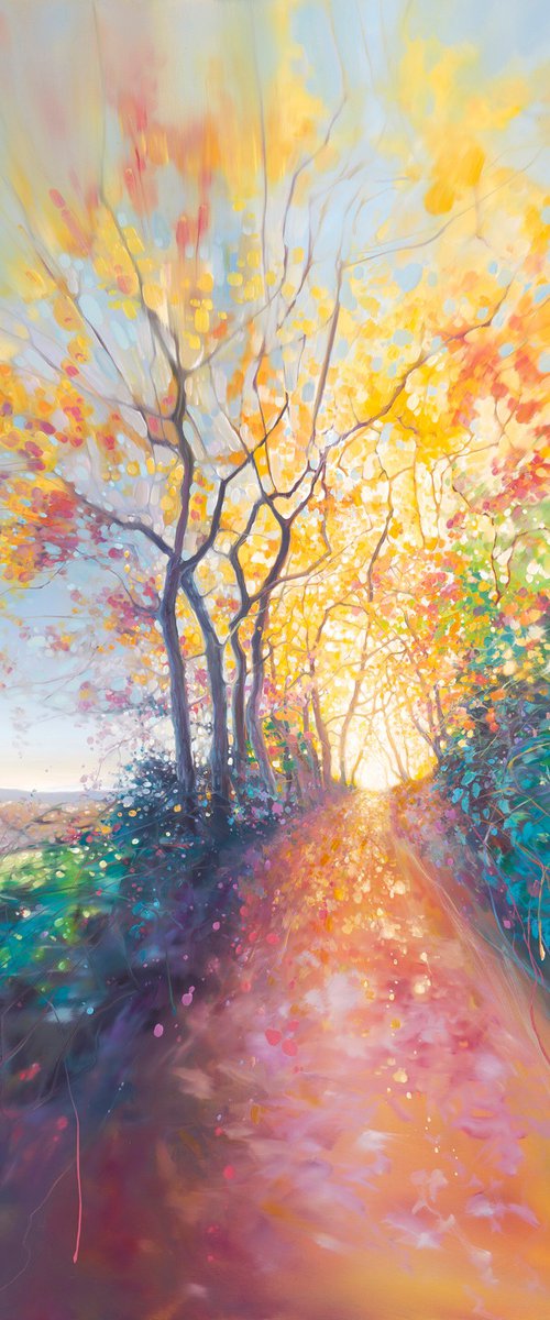 The Truth Calls Again, large oil painting of an autumn path by Gill Bustamante