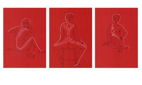 Set of 3 nude women - Red and white sensual female portrait - Erotic mixed media triptych by Olga Ivanova