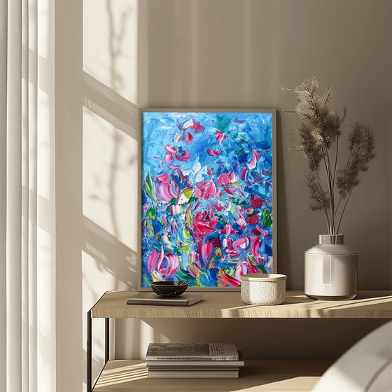 Blue Pink Floral Painting