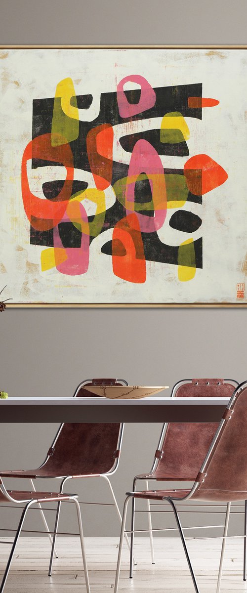 Incl Frame 95 x 95 cm - Round & Round in Pink & Orange - Ronald Hunter - 25J by Ronald Hunter