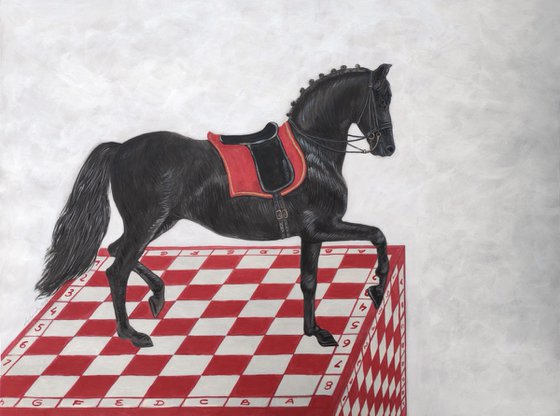 Black horse on a red chessboard
