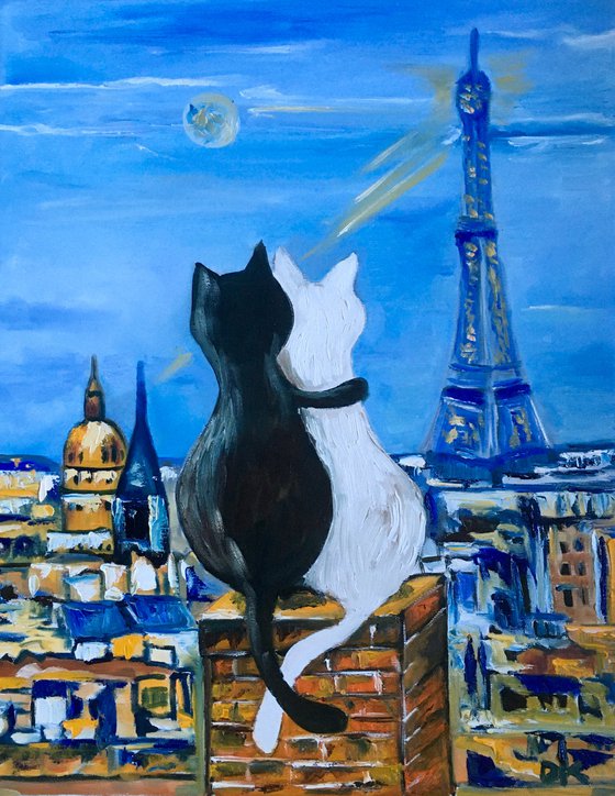 Cats in Paris. Travel to Paris, Parisian roofs , romantic evening.