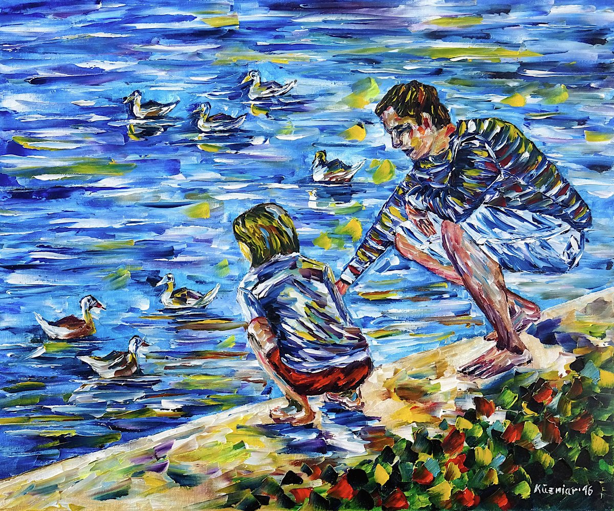 Expressive Oil Painting , Feeding The Ducks By Mirek Kuzniar, 24 X 20, Artwork For Sale On Artfinder