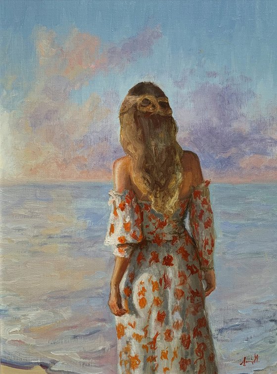 Impressionist beach female figure oil painting. 30x40cm