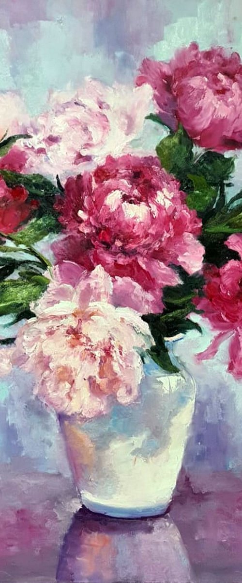 Peonies in white vase by Olga Egorov