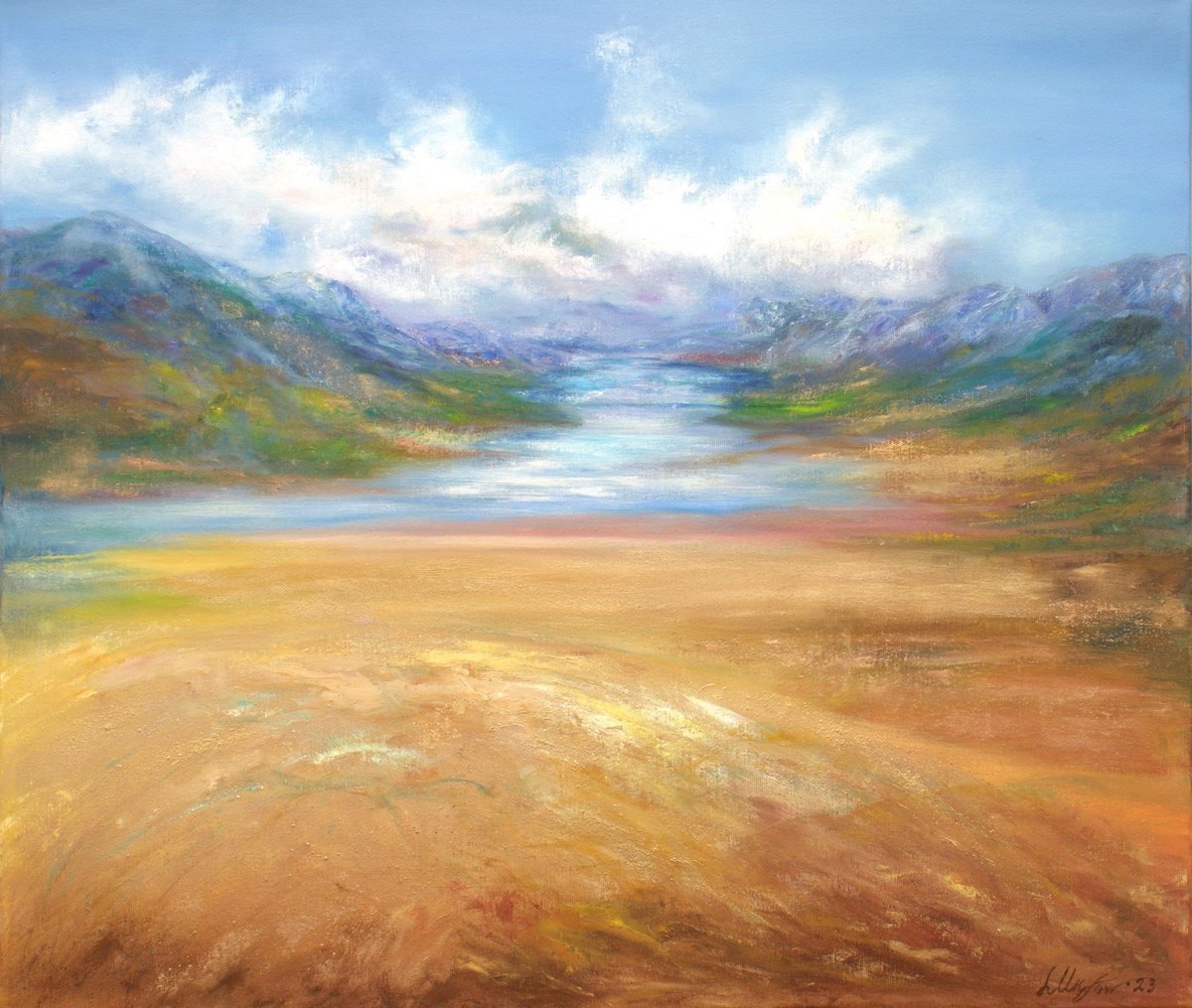 Expressive Landscape Oil Painting By Ludmilla Ukrow, 28 X 24", Gold Seascape 2, Original Artwork