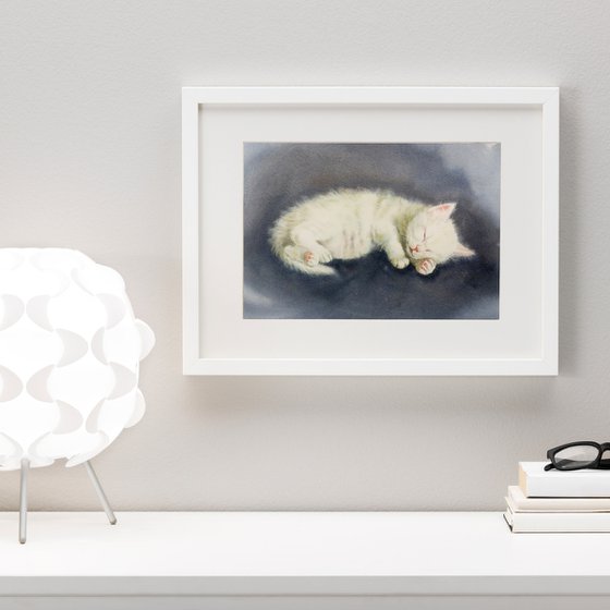 White kitten sleeping  - White Cat - watercolor kitten - gift for child