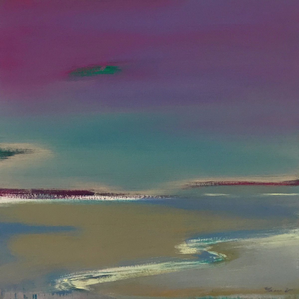 Impressionistic Landscape Oil Painting By Yaroslav Yasenev, 24 X 24", Violet Sunset, Original Artwork