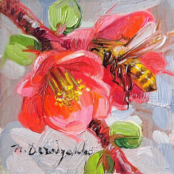 Bee painting original 3x3, Bee art tiny oil painting red framed art gift for girlfriend